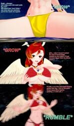 2girls 3d abs angel angel_wings au_ra au_raimdelle bikini black_scales body_growth body_growth_(enlargement) breasts destruction english_text female female_focus final_fantasy final_fantasy_xiv giantess growth halo hyper_giantess koikatsu muscular muscular_female oc original original_character planet red_hair seraphine_helvenne swimsuit text xavierhuge