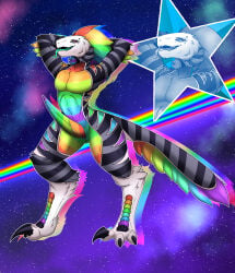 absurd_res anthro dakotaraptor dinosaur dromaeosaurid elmasiosare feathered_dinosaur feathered_scalie feathers genitals gradient_penis hands_behind_head hi_res long_penis male multicolored_body multicolored_penis multicolored_sclera penis prehistoric_species presenting presenting_penis prism_(some_dumm_wah) rainbow rainbow_penis reptile saurischian scalie sky solo some_dumm_wah_(character) star starry_sky tail tail_feathers tapering_penis theropod tongue tongue_out