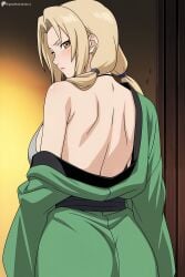 1girl ai_generated back bare_shoulders blonde_hair blush breasts brown_eyes closed_mouth digitalwaifugallery facial_mark forehead_mark from_behind hi_res high_quality high_resolution japanese_clothes kimono large_breasts long_hair looking_at_viewer looking_back low_twintails mature_female naruto off_shoulder patreon patreon_username seductive sexy sideboob solo tsunade twintails uncensored watermark
