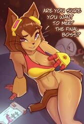 1girls anthro anthro_female anthrofied areolae breasts brown_fur brown_hair dialogue english_text feline female female_focus gameoverse glitch_productions kaboodle_(gameoverse) kit_(gameoverse) kit_bodega nipples one_breast_out phluks text