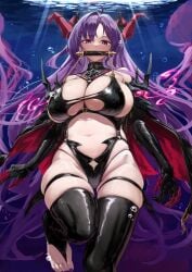1girl azur_lane between_breasts bit_gag black_gloves black_one-piece_swimsuit black_thighhighs breasts bubble commentary elbow_gloves gag gloves highres horns jellyfish large_breasts latex latex_gloves latex_thighhighs long_hair mole mole_under_eye navel one-piece_swimsuit purple_eyes purple_hair purple_nails red_claws red_horns solo strap_between_breasts swimsuit thick_thighs thigh_strap thighhighs thighs u-2501_(azur_lane) underwater very_long_hair