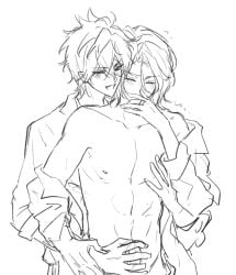 2boys aiofe_yu amagi_rinne blush chinese_commentary commentary_request covering_own_mouth cowboy_shot ensemble_stars! fang greyscale hair_between_eyes hand_on_another's_chest hand_on_another's_wrist handjob highres himeru_(ensemble_stars!) jewelry long_hair_between_eyes monochrome multiple_boys nipples off_shoulder open_clothes open_mouth open_shirt pectorals penis reach-around ring short_hair simple_background smile trembling v-shaped_eyebrows white_background yaoi