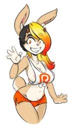 4_fingers anthro areola breasts buckteeth character_request cleavage clothed clothing duckdraw eyebrows eyelashes female female_focus female_only fur furry horn lagomorph looking_at_viewer mammal midriff navel nipple_bulge nipples original original_character patreon rabbit shorts simple_background teeth wide_hips