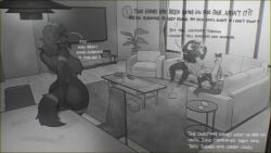 16:9 anthro biped bodily_fluids bovid breasts butt canid canine caprine detailed_background dialogue electronics english_text fellatio female female_penetrated fluffy fluffy_tail furniture group hi_res hush_(demivo) inside male male/female male_penetrating mammal nude oral penetration penile rodent sex sincrescent sitting sofa sweat sweaty_breasts tail television text wide_hips widescreen zock