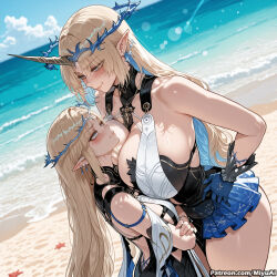 2girls ai_assisted ai_generated bangs bare_shoulders beach blonde_hair blue_eyes blush breast_press breasts curvaceous curvy curvy_female curvy_figure day earrings elf female fleurdelys_(wuthering_waves) huge_breasts jewelry long_hair mature_female milf miyuai multiple_girls ocean outdoors pointy_ears smile symmetrical_docking tacet_mark_(wuthering_waves) thick thick_ass thick_butt thick_hips thick_legs thick_thighs voluptuous voluptuous_female water wide_hips wide_thighs wuthering_waves yuri