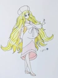 bedroom blonde_hair blonde_hair_female blue_eyes blue_eyes_female caitlin_(pokemon) cyberiorr drawing elite_four exposed_breasts exposed_pregnant_belly long_hair long_hair_female pokemon pokemon_bw pregnant pregnant_belly pregnant_female