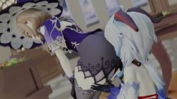 2girls 3d animated armwear ass ass_shake big_ass blonde_hair blue_hair bouncing_ass breasts curvy_female curvy_figure ganyu_(genshin_impact) genshin_impact gloves goat_horns grabbing_thighs hands_on_knees hi_res hoyoverse kishi lesbian lisa_(genshin_impact) long_hair long_socks mythological_creature no_sound on_knees pink_eyes pov small_breasts smothering_ass thick_ass thick_thighs tight_clothing video witch_hat yuri
