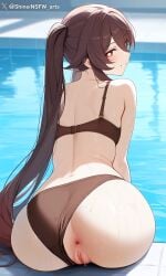 ai_generated artist_name ass_focus bikini blush brown_bikini brown_hair dripping_pussy explicit_pussy female from_behind genshin_impact hu_tao_(genshin_impact) large_ass large_breasts long_hair looking_back nipples nude ponytail pool pussy_juice red_eyes shineinsfw shiny_skin smile solo sweat water wet_skin