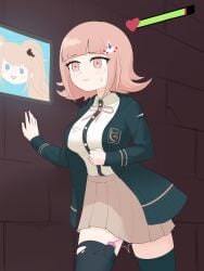 1girl absurdres bear_hair_ornament black_jacket black_shirt black_thighhighs blunt_bangs brick_wall brown_hair brown_skirt collared_shirt cowboy_shot danganronpa danganronpa:_trigger_happy_havoc danganronpa_(series) danganronpa_2:_goodbye_despair dress_shirt enoshima_junko hair_ornament highres jacket junko_enoshima kahhyui long_sleeves medium_hair miniskirt nanami_chiaki neck_ribbon open_clothes open_jacket open_mouth pink_eyes pink_ribbon pleated_skirt ribbon sex_toy shirt skirt sweat sweatdrop thighhighs torn_clothes twintails vibrator vibrator_in_thighhighs white_shirt zettai_ryouiki