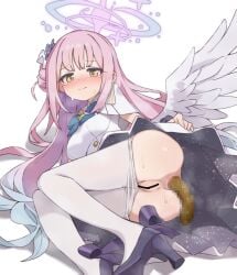 1girl :d ^^^ aku0 anus ass ass_focus bar_censor black_shoes blue_archive blue_bow blue_bowtie blue_hair blue_halo blush blush_visible_through_hair bow bowtie breasts buttons censored closed_mouth clothes_pull collared_dress crying crying_with_eyes_open dark_anus defecating dilated_pupils dress embarrassed feathered_wings flower foot_out_of_frame footwear_bow foreshortening gold_buttons gradient_hair grimace hair_behind_ear hair_bun hair_flower hair_ornament hair_spread_out halo high_heels highres knees_together_feet_apart long_hair lying mika_(blue_archive) mosaic_censoring multicolored_hair no_panties nose_blush on_side pantyhose pantyhose_pull perineum petite pink_hair pink_halo pleated_dress puckered_anus purple_bow purple_flower pussy scat shadow shoes short_dress short_sleeves side_ahoge sidelocks simple_background single_side_bun small_breasts smile solo steaming_body surprised sweat tareme tears tongue two-sided_dress two-sided_fabric two-tone_hair very_long_hair wavy_hair white_background white_dress white_pantyhose white_wings wings yellow_eyes