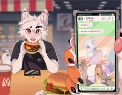 anthro arctic_fox big_penis bubble_butt burger butt canid canine chat chat_box clock duo electronics first_person_view food fox fur gay gay_male genitals hi_res holding_object holding_phone imminent_sex looking_at_viewer male male/male mammal penis phone phone_screen photo pink_snout pov_hands presenting presenting_hindquarters rosalino solo text texting true_fox watch white_body white_fur yaoi