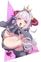 :d armpit_crease backless_dress backless_outfit blush breasts bright_pupils butt_crack cleavage commentary_request corrupted_twitter_file demon_girl demon_tail dress elbow_gloves from_above fur_collar gloves gold_tiara grey_dress grey_gloves hair_intakes hands_up highres horns huge_breasts kanan-sama_wa_akumade_choroi lillum_(kanan-sama) long_hair looking_at_viewer narrowed_eyes nonco open_mouth pink_eyes pink_hair pointy_ears raised_eyebrows red_horns red_tail sidelocks simple_background slit_pupils smile solo sweatdrop tail tight_clothes tight_dress translation_request1girl writing