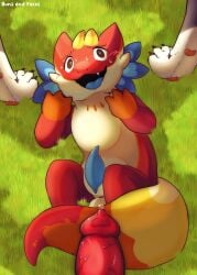 absurd_res animal_genitalia animal_penis anus blush bodily_fluids buns_and_foxes canid canine canine_genitalia canine_penis clash_of_critters claws cloacal_penis duo fangs feral fire_critter genital_fluids genitals grass hi_res horn ignisnap ignisnap_(clash_of_critters) interspecies male male/male mammal multicolored_body pawpads paws penis pinned pinned_to_ground plant precum pyrohound pyrohound_(clash_of_critters) red_body sweat tail tatari_(clash_of_critters) teeth tongue