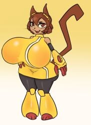 anthro big_breasts blushing bodysuit boots breasts brown_hair cat_ears cat_girl curvy feline furry gloves hyper_breasts kit kit_(gameoverse) looking_at_viewer red_eyes smile solo standing tail thick_thighs torn_clothing wide_hips yellow_clothing
