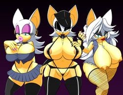 2017 anthro bat big_breasts breasts cleavage clothed clothing fan_character female fishnets group huge_breasts looking_at_viewer mammal naughty_face nipples pussy ravnic rouge_the_bat skimpy smile sonic_(series)