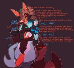 2026 anthro bodily_fluids canid canine coffaebeans digital_drawing_(artwork) digital_media_(artwork) dirty_talk dominant dominant_male duo english_text erection female finger_in_mouth fisk_cerris from_behind_position gagging genital_fluids heart_symbol hi_res imminent_sex larger_dom larger_male leaking_precum long_tongue male male/female mammal mustelid orange_sclera otter praise precum raccoon_dog root_(coffaebeans) sex size_difference smaller_female submissive submissive_female tanuki tears text thigh_sex tongue