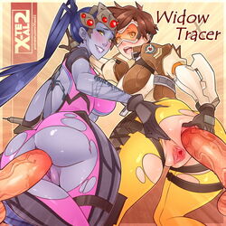 2girls alternate_version_available chronal_accelerator cleavage curvy erect_nipples female glasses harness huge_areolae huge_ass huge_breasts human multiple_girls overwatch puffy_nipples short_hair straight thick_lips tracer very_long_hair voluptuous wide_hips widowmaker x-teal