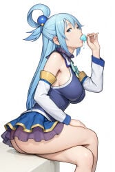 1girl ai_art ai_assisted ai_generated amuzakdrol aqua_(konosuba) ass bangs bare_legs bare_shoulders blue_eyes blue_hair blue_hair_ornament blue_shirt blue_skirt bow bowtie breasts crossed_legs detached_sleeves from_side green_bow hair_ornament hair_ring hand_on_own_knee hand_on_own_thigh hand_up holding_popsicle kono_subarashii_sekai_ni_shukufuku_wo! konosuba large_breasts legs lips long_hair looking_at_viewer no_panties oral popsicle popsicle_in_mouth popsicle_melting shirt sideboob sideways_glance simulated_fellatio single_hair_ring sitting skirt sleeveless_shirt solo white_sleeves