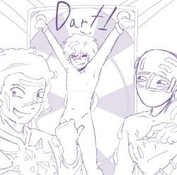 3boys bdsm blush bondage camera_view censored censored_penis cioccolata clothed completely_nude dart dart_board dubious_consent duo excited galacticalss gay imminent_torture implied_torture jojo's_bizarre_adventure looking_at_viewer naked original_character pointing_at_another redraw restrained secco sketch smiling sweat tied_up torture_device vento_aureo white_background wide_eyed wrist_cuffs yaoi