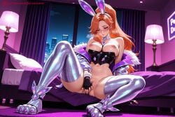 1girl ai_generated animal_ears anus bangs bare_shoulders breasts bunny_ears detached_collar fake_animal_ears gloves hi_res high_heels high_quality high_resolution jewelry kiraamane large_breasts league_of_legends long_hair looking_at_viewer miss_fortune nipples patreon ponytail pussy seductive sexy solo spread_legs thighhighs thighs uncensored watermark weapon