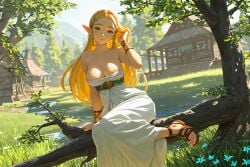 1girls adjusting_hair ai_generated areola_slip bakedcookie blonde_hair bracers day dress feet female_only grass green_eyes highres large_areola large_areolae large_breasts long_hair looking_at_viewer outdoors princess_zelda sandals sitting sitting_on_branch sitting_on_tree smile solo solo_female solo_focus strapless_dress the_legend_of_zelda toes tree uncensored village white_dress zelda_(breath_of_the_wild)