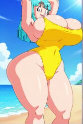 ai_generated anime beach dragon_ball_z female huge_breasts maron thick_thighs yellow_swimsuit