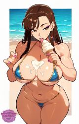 ai_generated big_breasts bikini bikini_thong breasts brown_eyes brown_hair busty child_bearing_hips chun-li cleavage curvy female female_focus female_only hips ice_cream ice_cream_cone ice_cream_on_breasts jorgecarlosai licking long_hair makeup navel street_fighter thick thong_bikini video_game_character video_games watermark wide_hips