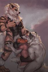 2017 4_toes abs anthro arcanine arm_tuft bella_(gasaraki2007) belly big_tail bisexual bisexual_sandwich black_eyes black_nose black_skin black_stripes canine claws erection eye_contact eyrich female front_view fur fur_tuft furry grey_background grey_skin grope group group_sex hand_on_chest hand_on_leg hand_on_thigh husky jace_(gasaraki2007) jericho jericho_(character) kneeling knot leg_tuft licking looking_at_another looking_at_partner looking_down looking_pleasured looking_up male mammal multicolored_skin muscular muscular_male nintendo nude open_mouth oral orange_skin pec_grasp pecs penis penis_lick pink_nose pokemon pokemon_(species) pose pubic_hair red_skin sandwich_position sex simple_background straight stripes teeth testicles thick_tail threesome toes tongue tongue_out tuft vein veiny_penis white_hair white_skin white_tail wolf yaoi