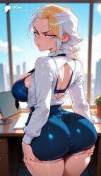 1girl 1girls absurd_res absurdres ai_generated ass ass_focus ass_grab ass_support back big_ass big_breasts black_necktie blonde_hair blue_bra blue_eyes blue_skirt blue_sky blurred_background blurry blurry_background blush bra braid braided_ponytail breasts cartoon cartoony collared_shirt computer cowboy_shot curvy day depth_of_field desk female female_focus from_behind glaring grabbing_own_ass hi_res high-waist_skirt high_quality high_resolution highres huge_ass indoors jaina_proudmoore laptop large_ass large_breasts lips long_hair long_sleeves looking_at_viewer looking_back miniskirt multicolored_hair necktie odexai office office_lady open_clothes open_shirt pencil_skirt shirt shirt_tucked_in skirt sky small_waist solo solo_focus straight sweat thick_thighs thighs thin_waist underwear warcraft white_hair white_shirt wide_hips window world_of_warcraft wow