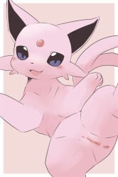 2021 4_fingers anus black_inner_ear black_nose blue_eyes blush blush_lines border canid cheek_tuft digital_drawing_(artwork) digital_media_(artwork) eeveelution espeon facial_tuft female female_feral feral fingers forehead_gem forked_tail fur gem generation_2_pokemon genitals glistening glistening_eyes humanoid_genitalia humanoid_genitalia_on_feral humanoid_vulva humanoid_vulva_on_feral looking_at_viewer mammal nintendo open_mouth open_smile outside_border paws pink_body pink_fur pink_tail pokemon pokemon_(species) pu_sukebe quadruped red_anus red_gem simple_background smile smiling_at_viewer solo spread_arms spread_legs spreading tail tuft unusual_anatomy unusual_tail vulva white_border