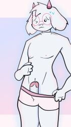 9:16 absurd_res anthro blush bodily_fluids bovid caprine clothed clothing clothing_pull collarbone deltarune digital_media_(artwork) embarrassed erection exdyw eyewear fur genitals glasses hi_res horn male mammal nipples one_eye_closed panties partially_clothed penis pink_horn pink_nipples pink_penis ralsei solo sweat undertale_(series) underwear underwear_pull white_body white_fur wink