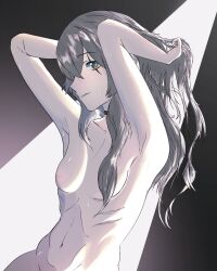 1girl armpits arms_up bare_shoulders girls'_frontline girls'_frontline_2:_exilium grey_hair hair_over_one_eye leva_(girls'_frontline_2) long_hair looking_at_viewer naked nipples nude parted_lips side_view sideboob slim_waist small_breasts solo_female sweat sweatdrop ump45_(girls'_frontline) wet_body
