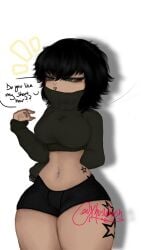 1boy 1female 1girl 1girls 1woman arm_behind_back artist_name big_breasts boobs breasts clothed clothing crop_top curvaceous curvy curvy_figure dark_eyes dark_hair dialogue digital_drawing_(artwork) digital_media_(artwork) female female_focus female_only gacha gacha_club gacha_life human midriff navel navel_piercing nose_piercing short_hair short_shorts solo solo_female speech_bubble tattoo tattoos thick_thighs thighs turtleneck turtleneck_crop_top woman xhushhush