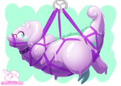 2017 anthro bit_gag blue_penis blush bondage bound collar diphallia diphallism dragon erection eyewear gag gagged glasses goodra green_eyes harness_bit_gag male multi_penis muzzle_(object) muzzled nintendo nude penis pokemon pokemon_(species) rope rope_bondage rope_gag simple_background slime solo suspension thewhitefalcon video_games