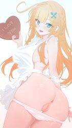 1girl absurdres anus apron ass blonde_hair blue_eyes braid breasts cameltoe censored chocolate cowboy_shot cowlick english_text escoffier_(genshin_impact) food genshin_impact hair_ornament heart heart_in_eye heart_print heart_print_panties highres holding holding_chocolate holding_food holding_heart large_variant_set long_hair looking_at_viewer looking_back medium_breasts mixed-language_commentary mosaic_censoring nearly_naked_apron neurotic_neko open_mouth panties panty_pull pasties print_panties pussy sideboob smile solo sparkle sparkling_eyes symbol_in_eye underwear variant_set white_apron