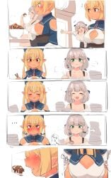 b45ui blushing chubby_cheeks comic eating hololive nimo nimo22 outgrowing_clothes shiranui_flare shirogane_noel thick_arms thin_to_fat vtuber weight_gain