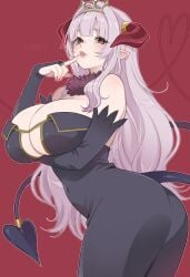 1girl absurdres black_bridal_gauntlets black_dress black_tail breasts bridal_gauntlets cleavage covered_navel demon_girl demon_horns demon_tail dress finger_to_mouth fur_trim heart highres horns kanan-sama_wa_akumade_choroi large_breasts lillum_(kanan-sama) lips long_hair looking_at_viewer parted_lips pink_hair pointy_ears red_background red_eyes red_horns solo tail tiara yiiande