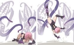 1girl 2others ass bare_shoulders black_thighhighs breasts cum cumdrip detached_sleeves fate/grand_order fate_(series) high_heels highres injury lahmu_(fate) large_breasts mash_kyrielight multiple_others open_mouth pink_hair puge short_hair tentacles thighhighs torn_clothes torn_thighhighs