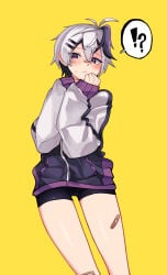 1girls androgynous bandaid bandaid_on_leg bandaid_on_nose bashful black_shorts blushing blushing_at_viewer booty_shorts exclamation_point hairclips n0_image purple_eyes question_mark short_shorts shy_expression sweatdrop thighs_focus tomboy track_jacket track_suit tracksuit two-tone_hair v_flower very_short_hair vocaloid vocaloid_4 white_hair