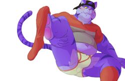 2017 anthro backwards_cap belly blush briefs clothed clothing daire301 feline fur hat hi_res legwear long_tail male male_only mammal multicolored_fur multicolored_tail navel overweight pink_nose purple_fur shirt simple_background socks solo spread_legs spreading striped_fur striped_tail stripes two_tone_fur two_tone_tail underwear white_background yellow_eyes