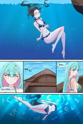 2girls blue_bikini brown_hair bubbles comic marima666_(artist) swimsuit underwater