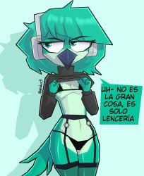 anthro apodiform avian beak bird blue_body blue_hair clothed clothing clothing_lift collete_(yerolay) digital_drawing_(artwork) digital_media_(artwork) electronics female hair headphones hi_res hummingbird lingerie simple_background solo text translation_request yerolay