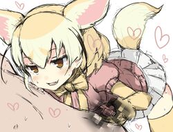 1boy animal_ears bent_over blonde_hair blush bow bowtie brown_eyes censored clothed_female_nude_male clothed_sex cute_fang female fennec_(kemono_friends) fox_ears fox_tail gedou_(ge_ge_gedou) half-closed_eyes handjob heart kemono_friends mosaic_censoring naughty_face nude penis pleated_skirt puffy_short_sleeves puffy_sleeves sex short_hair short_sleeves simple_background skirt sweat tail tongue tongue_out white_background white_skirt yellow_bow