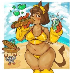 2026 absurd_res anthro beach beverage beverage_can bikini blush breasts brown_body brown_hair clothed clothing digital_media_(artwork) domestic_cat duo erect_nipples felid feline felis female food fur gameoverse glitch_productions hair hi_res hot_dog kaboodle_(gameoverse) kit_(gameoverse) kit_bodega looking_at_viewer machine male mammal nipple_outline nipples nohunuh overweight robot simple_background soda swimwear tail two-piece_swimsuit weight_gain