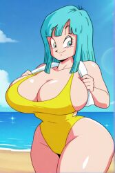 ai_generated anime beach dragon_ball_z female huge_breasts maron thick_thighs yellow_swimsuit