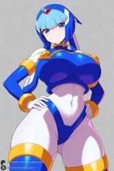 1female 1girl 1girls 2026 ai_generated android artist_name big_ass big_breasts blue_eyes blue_hair blush bodysuit breasts closed_mouth covered_navel cowboy_shot crop_top curvy fairy_leviathan grey_background hands_on_hips helmet hi_res high_quality high_resolution highres huge_ass huge_breasts large_breasts looking_at_viewer mega_man patreon patreon_username rockman_zero simple_background solo thick_thighs thigh_boots thighhighs thighs unjobdespiert watermark wide_hips
