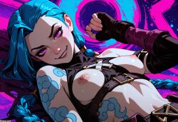 (titancore) ai_generated arcane_jinx arm_tattoo blue_hair breasts_out colour_background crazy_girl cute_girl female girl jinx_(league_of_legends) jinx_arcane laying_down league_of_legends long_hair low_twintails paint_splatter pink_eyes revealing_clothes smirking_at_viewer teasing_viewer video_game_character