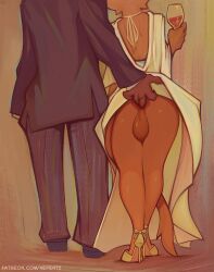 absurd_res anal anal_fingering anthro anus balls biped bottomwear butt clothed clothing crossdressing duo fingering fingering_partner footwear genitals hi_res high_heels male mammal nepentz rear_view sex shoes tail topwear