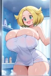ai_generated anime bathroom bianca_(pokemon) female huge_breasts pokemon thick_thighs towel towel_only