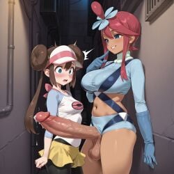 ai_generated balls ballsack big_penis blue_eyes blush breasts brown_hair clothed cock dark-skinned_futa female futanari light-skinned_female looking_at_penis nameless_gooner navel penis pokemon pokemon_bw precum red_hair rosa_(pokemon) self_upload size_difference skyla_(pokemon) surprised testicles thighs veiny_penis